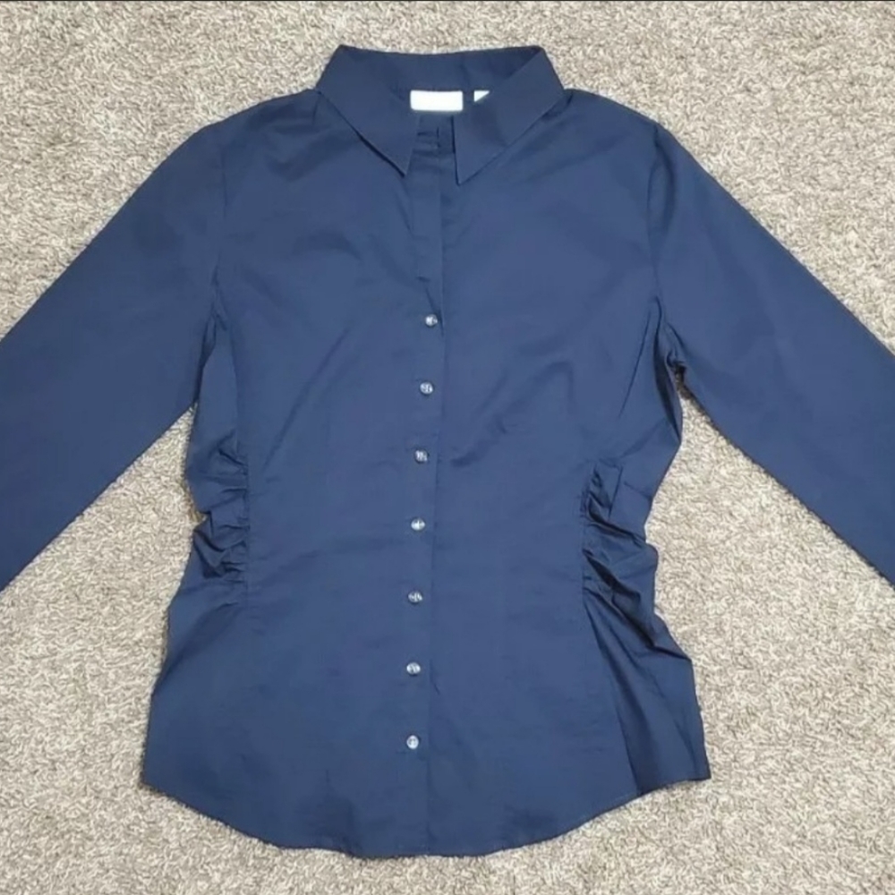 Women's New York & Company Stretch Ruched Long Sleeve Button Shirt Size M Blue